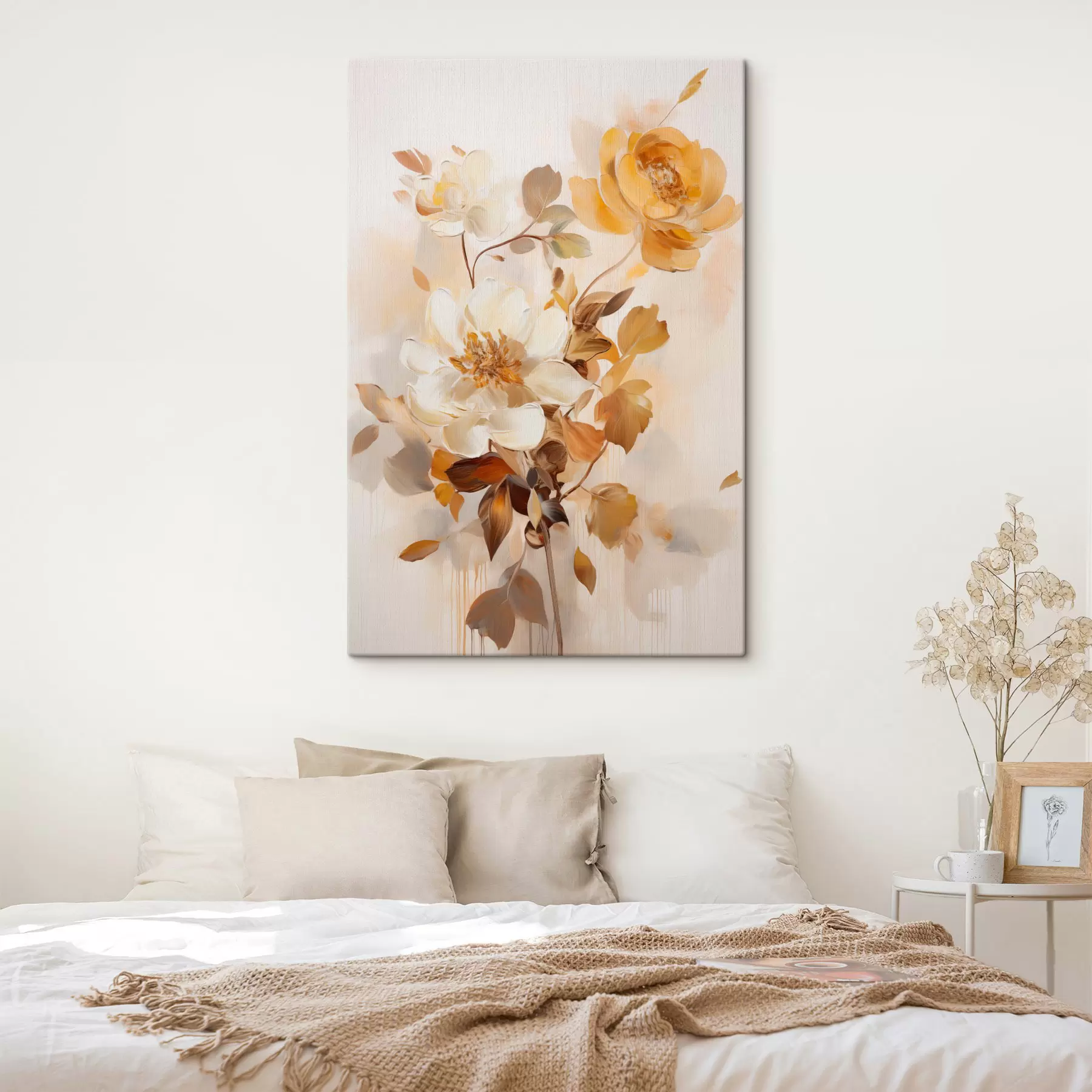  Peintures Fleurs abstraites aux feuilles brunes, style pictural et coups de pinceau s49145