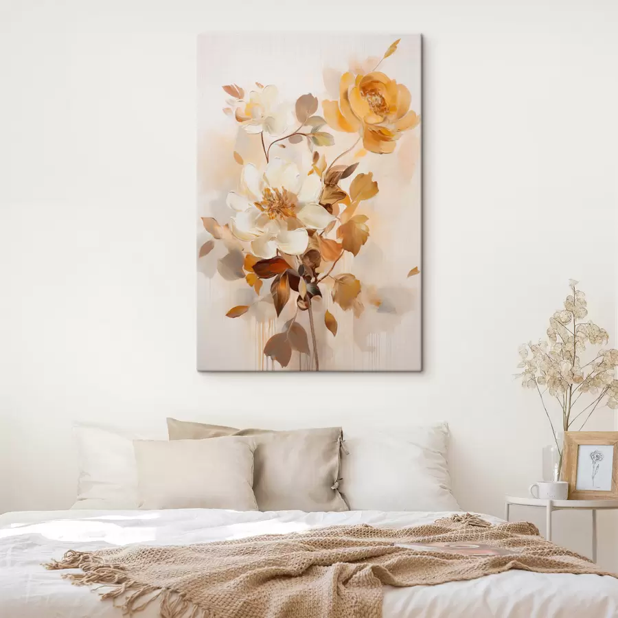  Schilderijen Abstracte bloemen met bruine bladeren, in een schilderachtige stijl met penseelstreken s49145