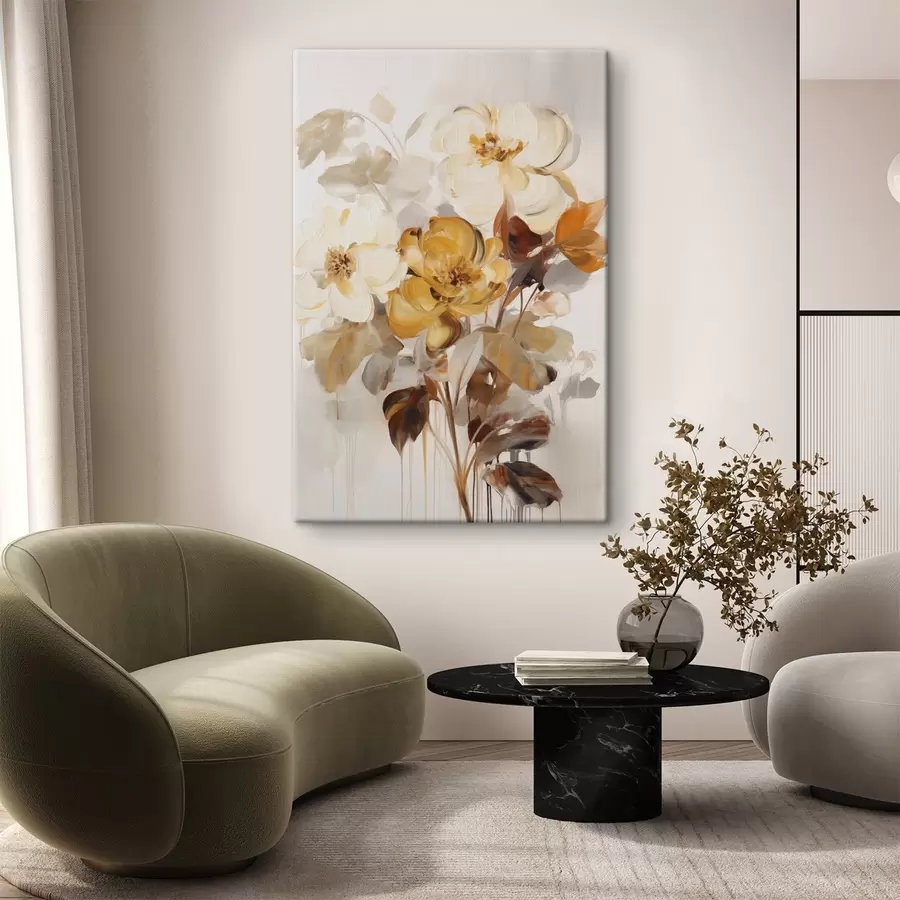  Schilderijen Abstracte bloemen met bruine bladeren, in een schilderachtige stijl met penseelstreken s49146