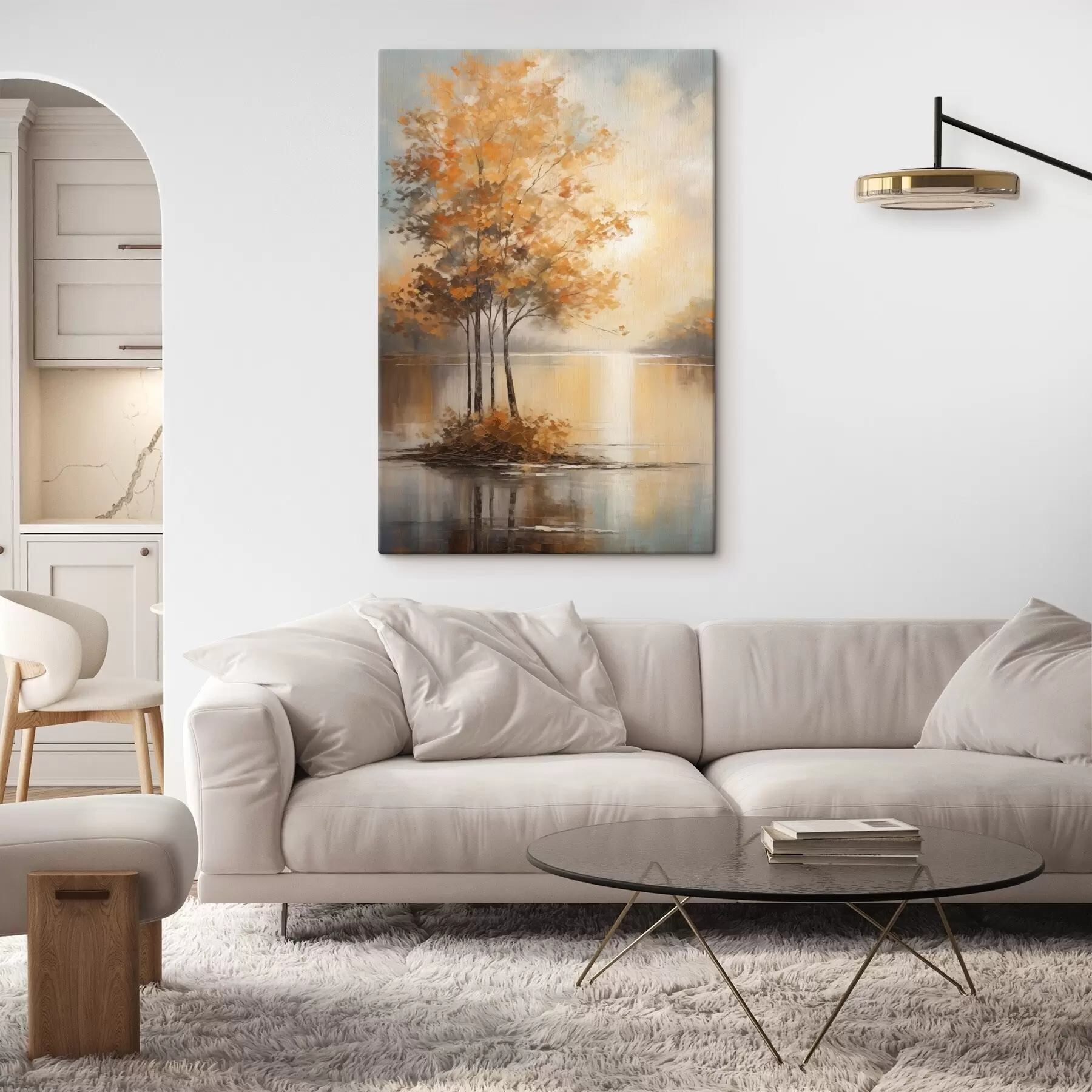  Schilderijen Landschap, bomen met oranje bladeren, meer, de zon op de achtergrond s49151