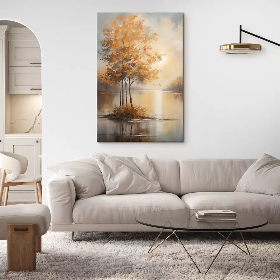  Peintures Paysage, arbres aux feuilles orange, lac, le soleil en arrière-plan s49151