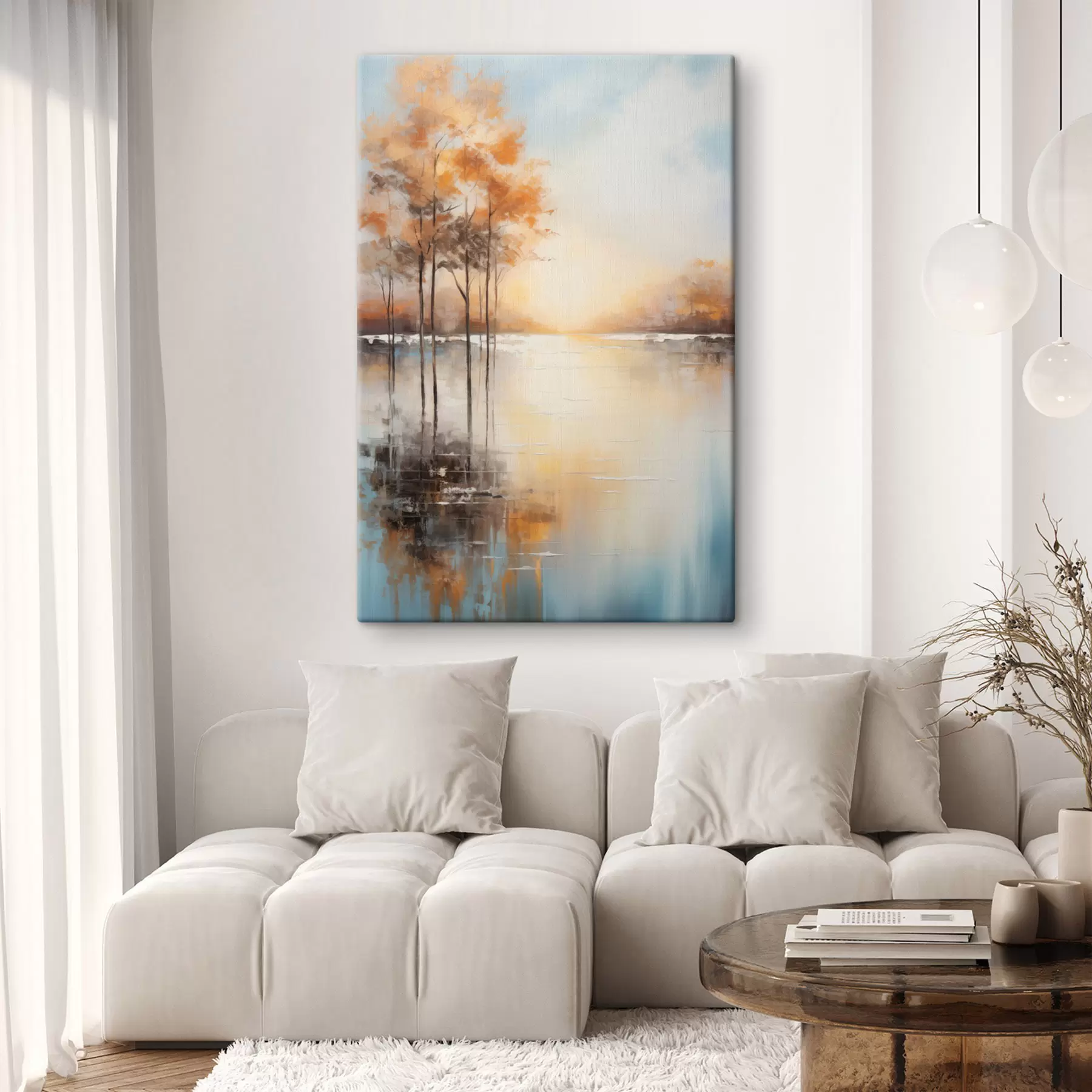  Peintures Paysage, arbres aux feuilles orange, lac, le soleil en arrière-plan s49152