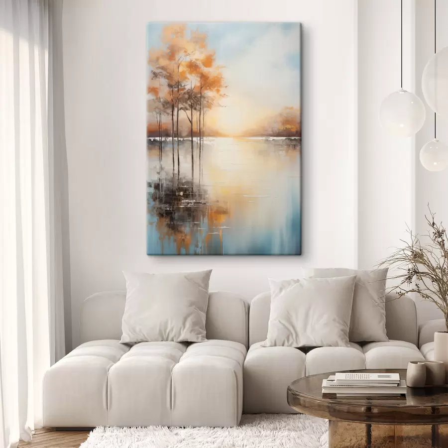  Schilderijen Landschap, bomen met oranje bladeren, meer, de zon op de achtergrond s49152