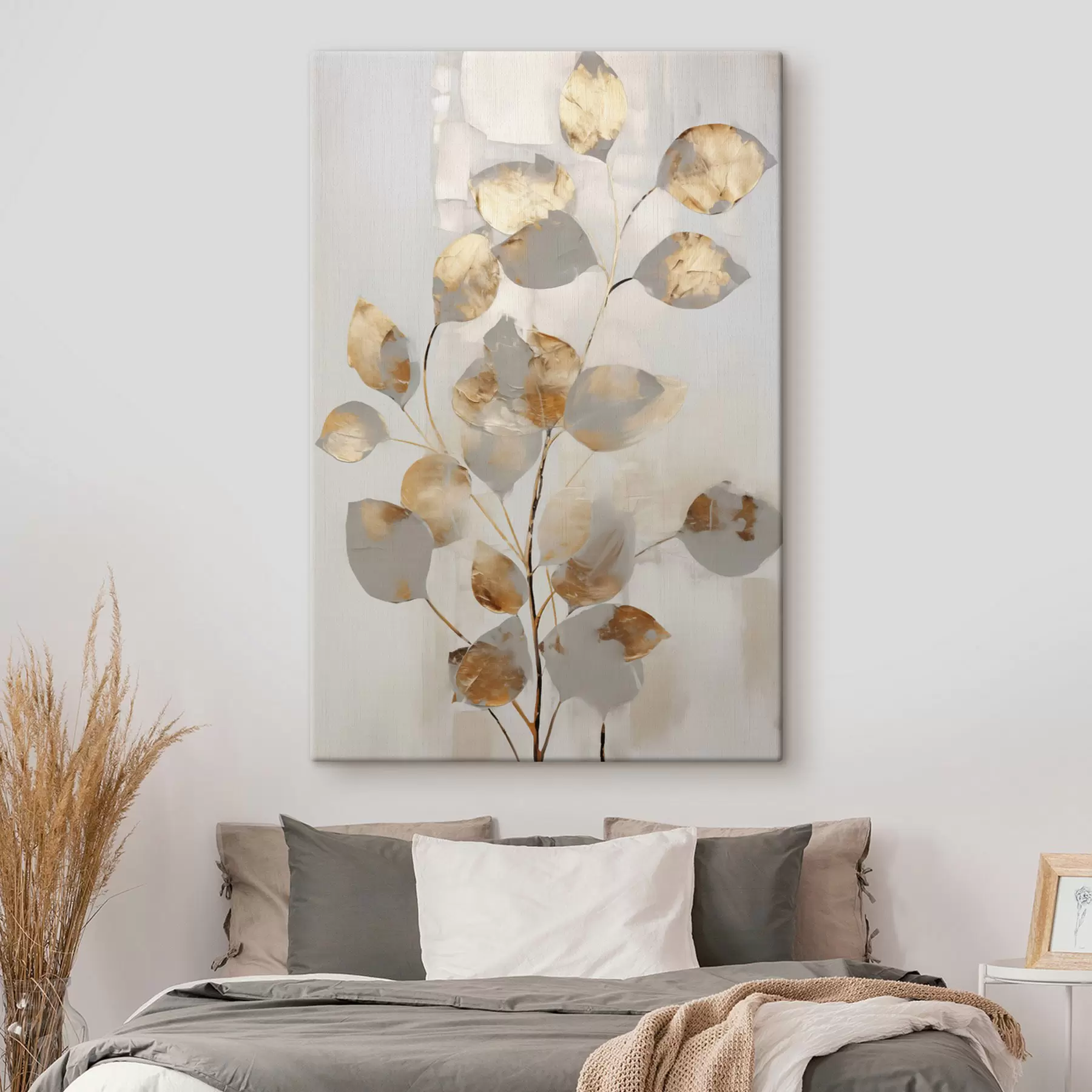  Peintures Branche abstraite aux feuilles ovales dans des tons de gris et de jaune, œuvre d'art texturée s49155