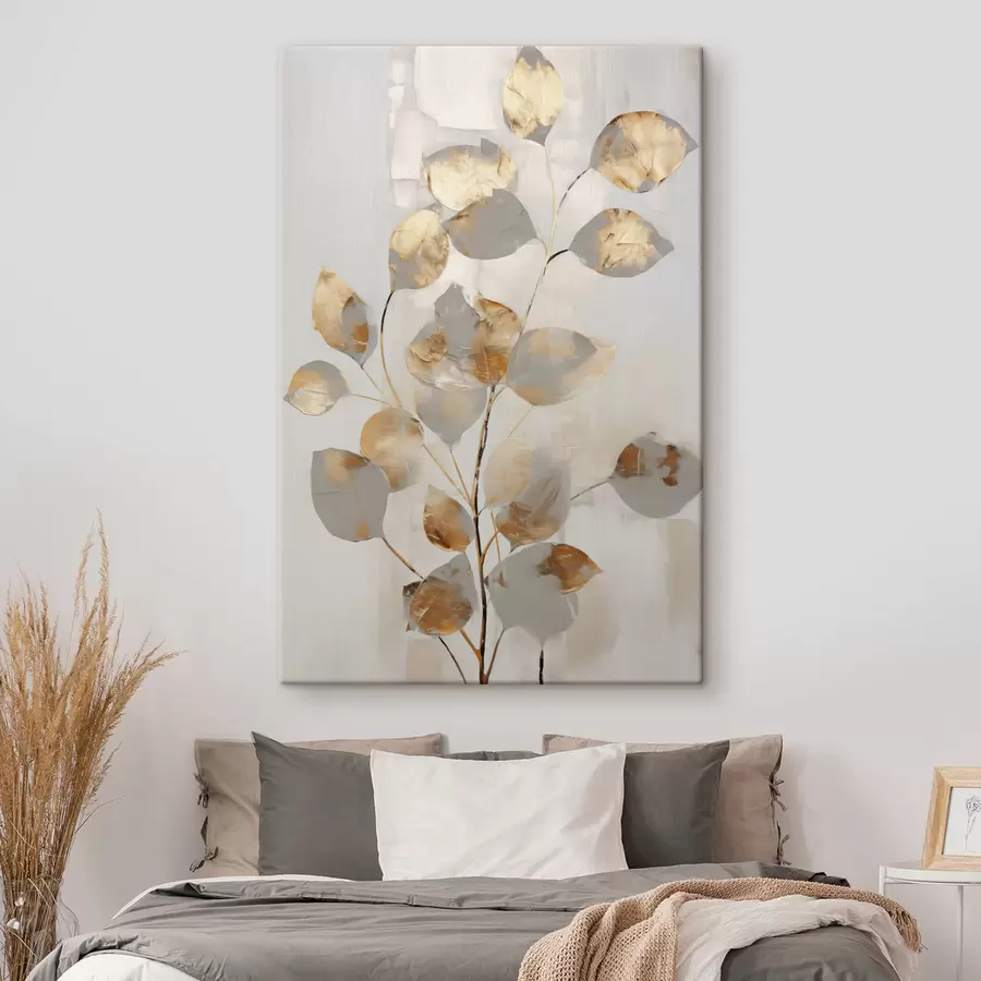  Schilderijen Abstracte tak met ovale bladeren in grijstinten en geel, kunstwerk met textuur s49155