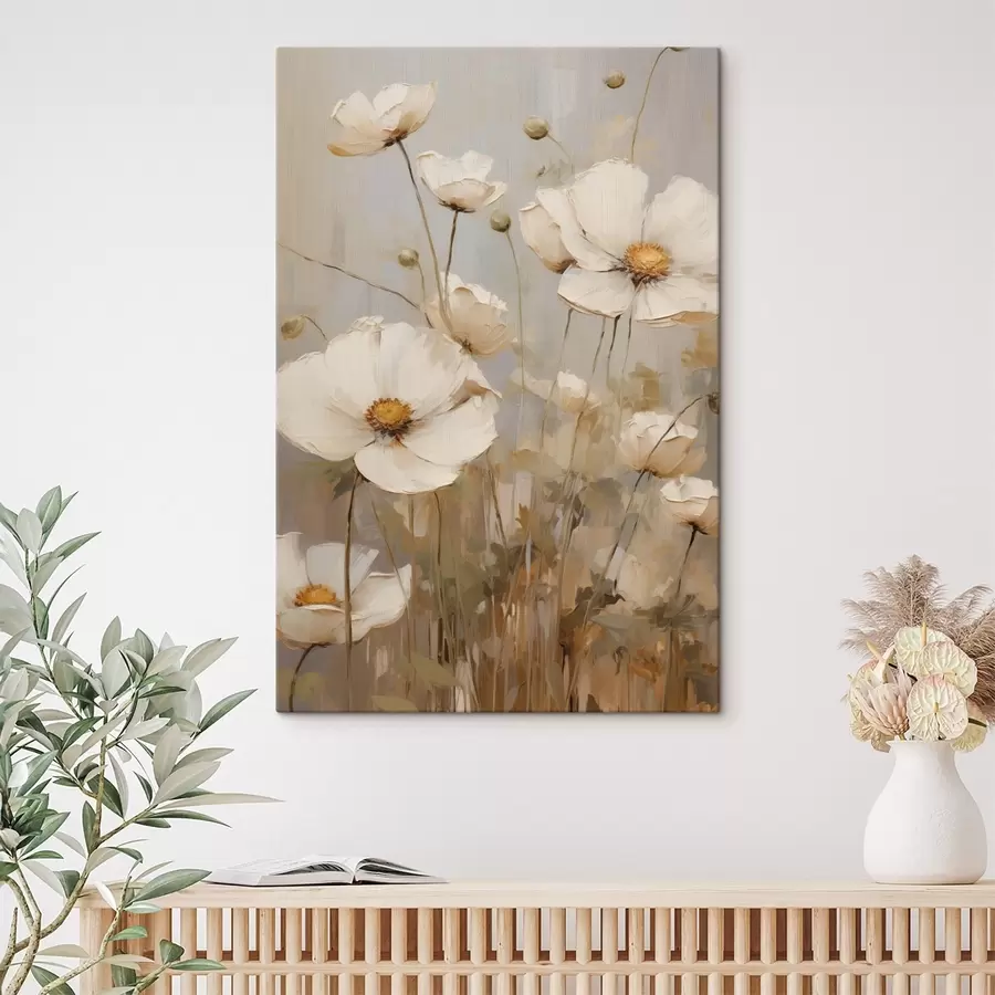  Peintures Des coquelicots blancs peints dans un style doux et impressionniste, sur un fond aux tons discrets s49159