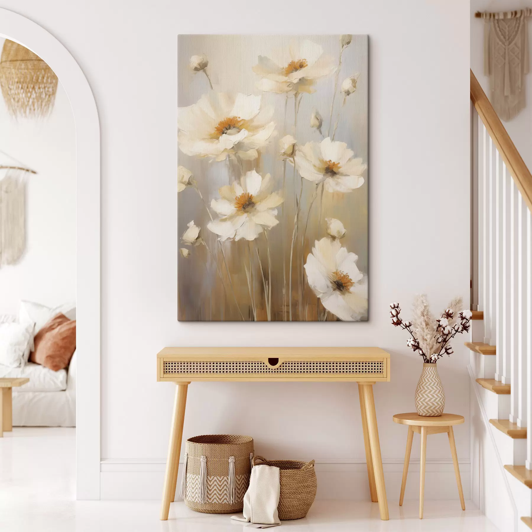  Peintures Des coquelicots blancs peints dans un style doux et impressionniste, sur un fond aux tons discrets s49160