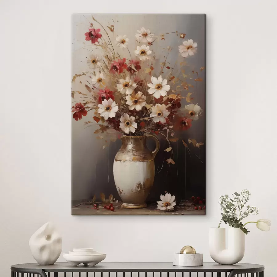  Peintures Un bouquet de fleurs blanches et rouges rehaussées de touches marron dans un vase, dans un style pictural s49161