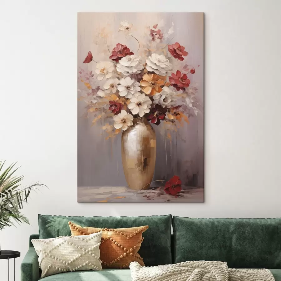  Peintures Un bouquet de fleurs blanches et rouges rehaussées de touches marron dans un vase, dans un style pictural s49162