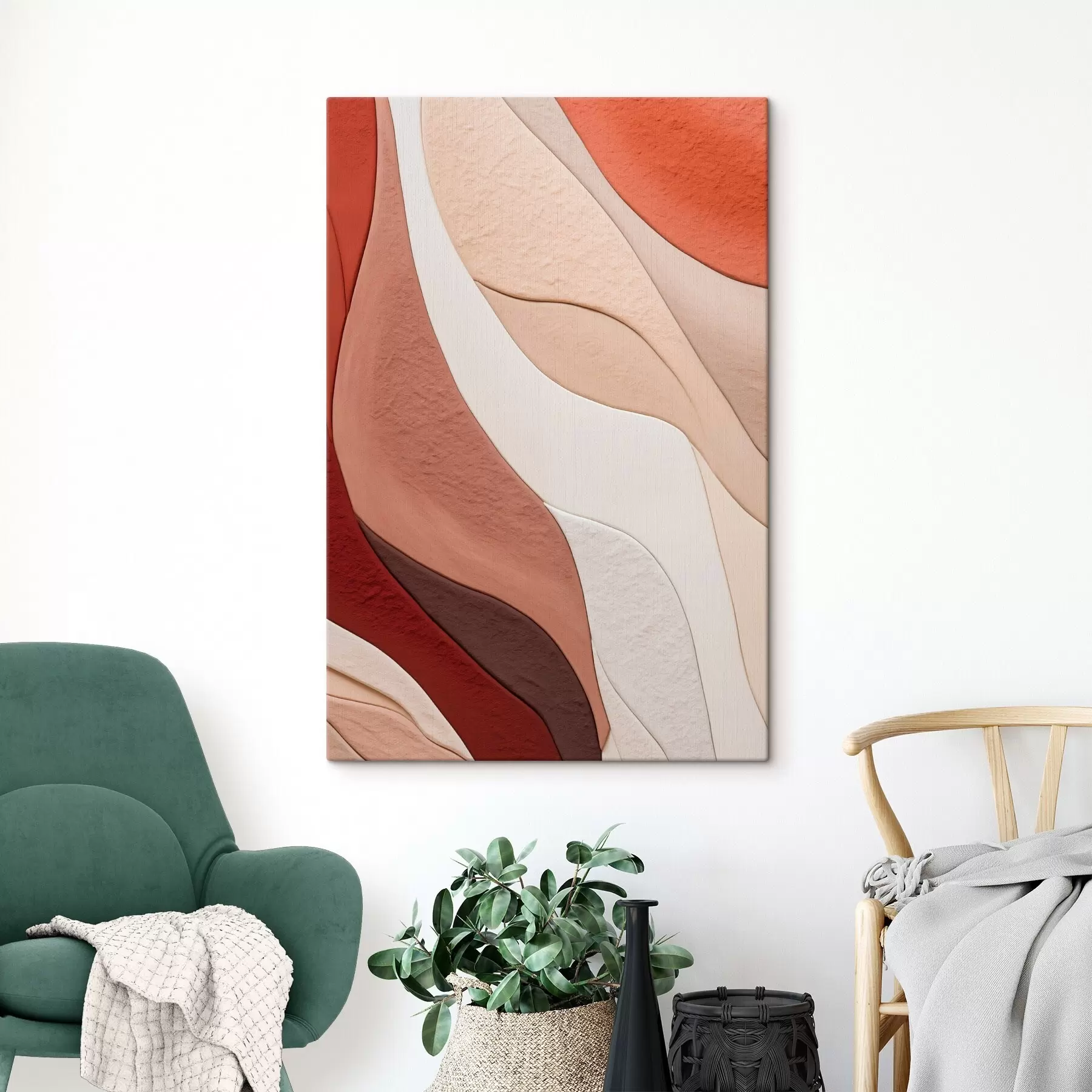  Schilderijen Abstracte, golvende textuurlagen in terracotta-, beige- en crèmekleurige tinten s49169
