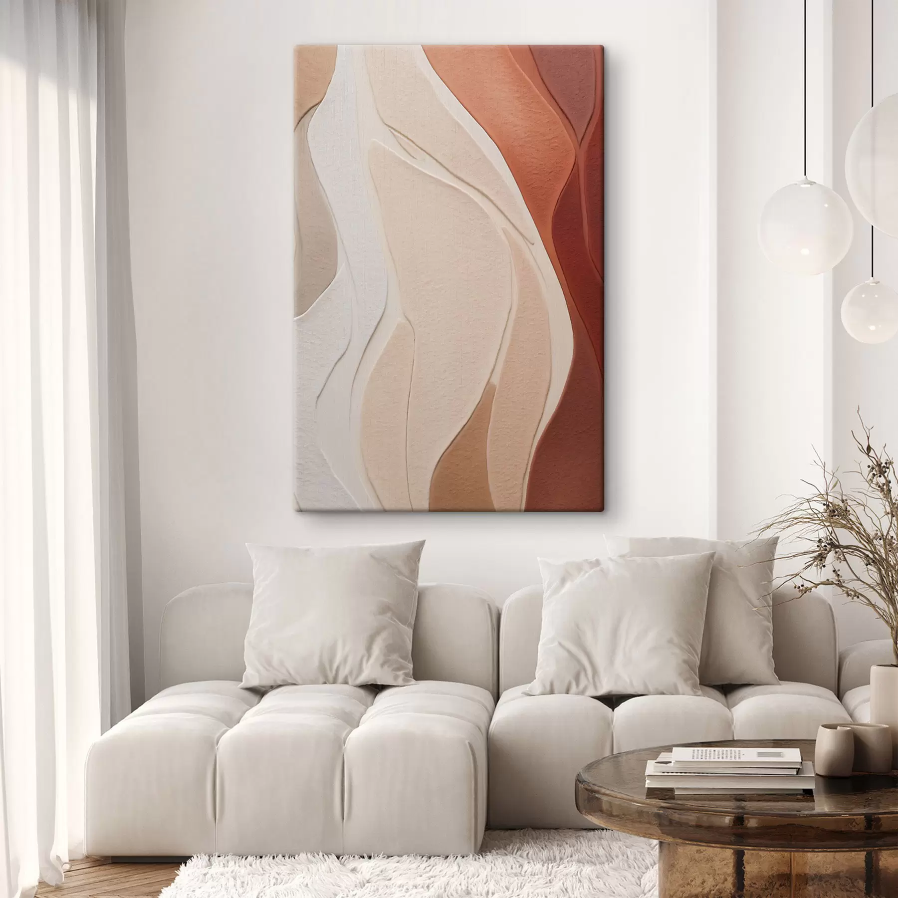  Schilderijen Abstracte, golvende textuurlagen in terracotta-, beige- en crèmekleurige tinten s49170