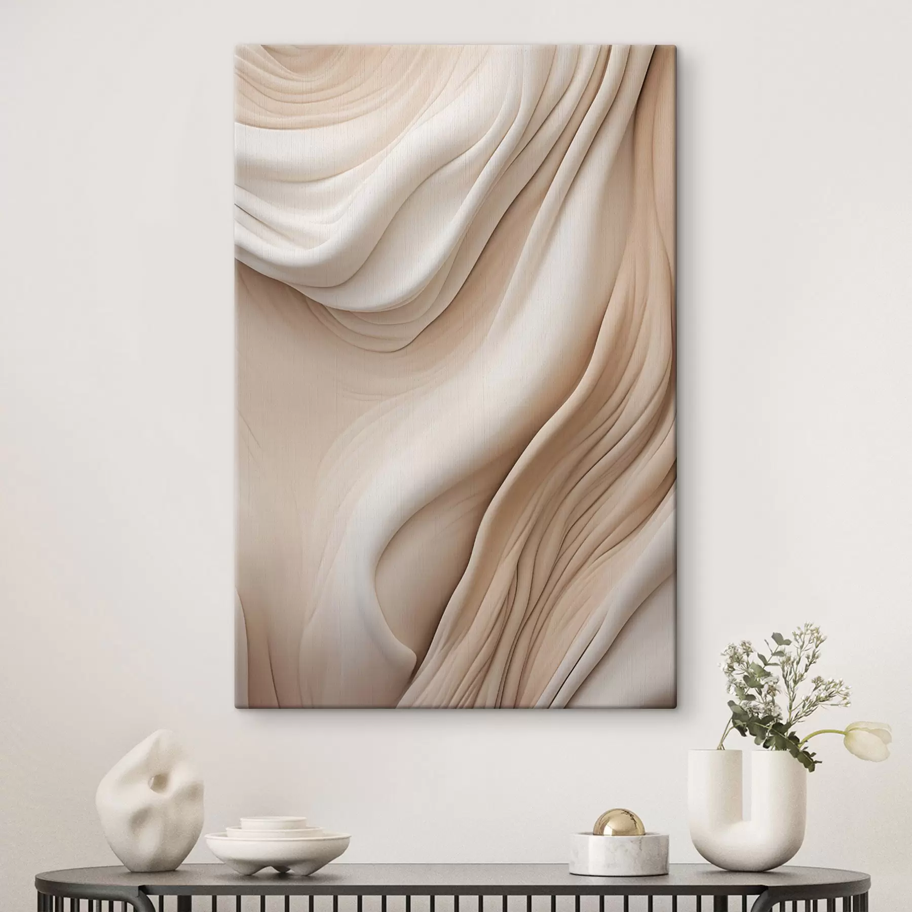  Peintures Des textures fluides et abstraites dans des tons crème et beige, rehaussées d'ombres douces s49175