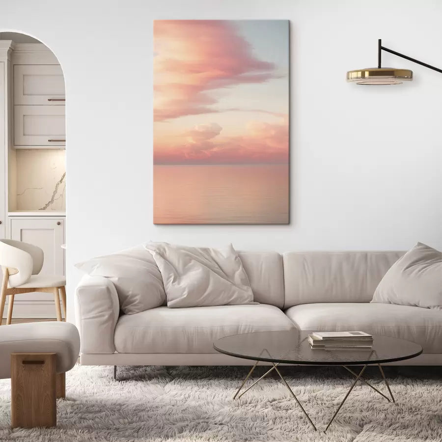  Peintures Un ciel aux teintes pastel, parsemé de nuages cotonneux, au-dessus d'un océan calme et miroitant au coucher du soleil s49177