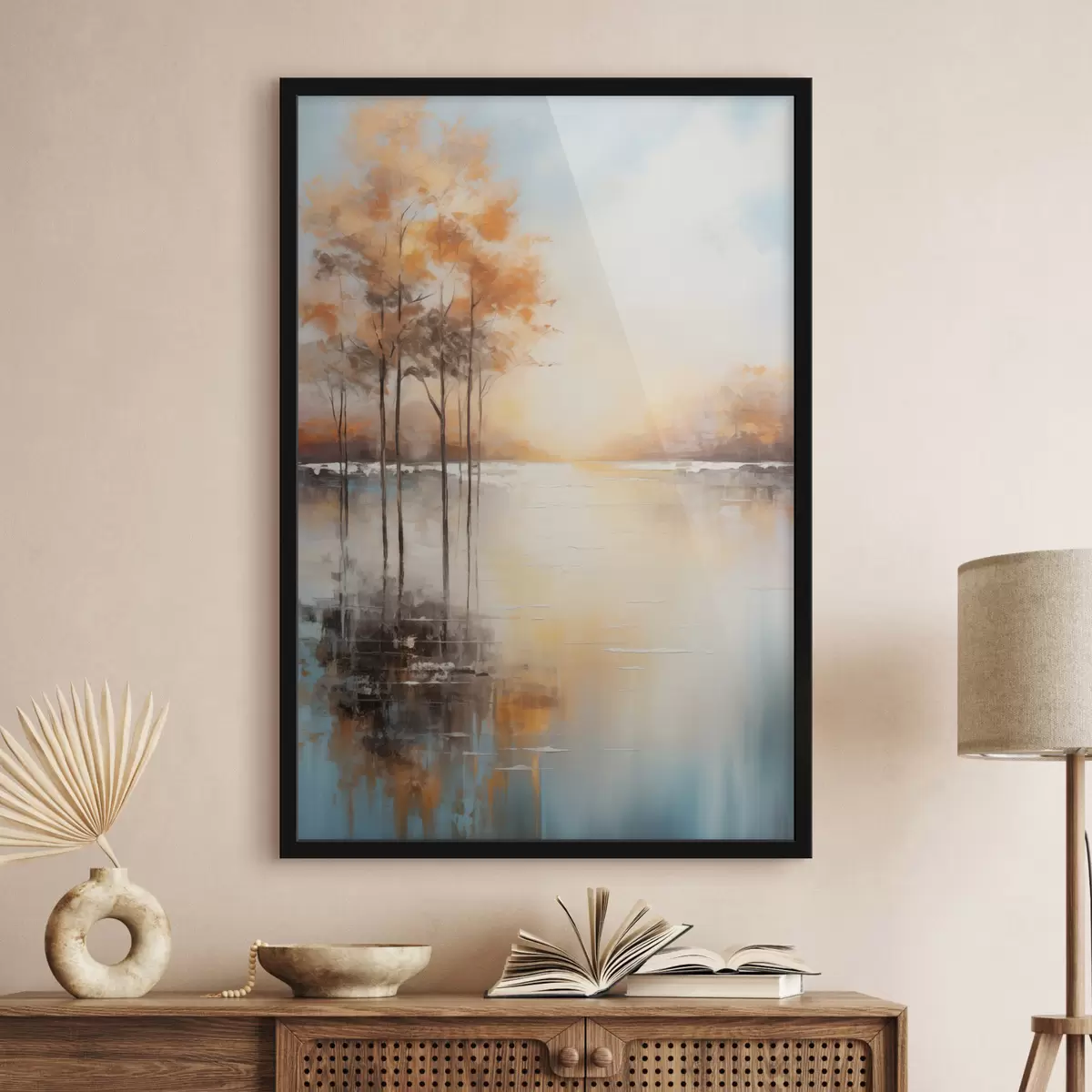 Affiche Paysage, arbres aux feuilles orange, lac, le soleil en arrière-plan f49152