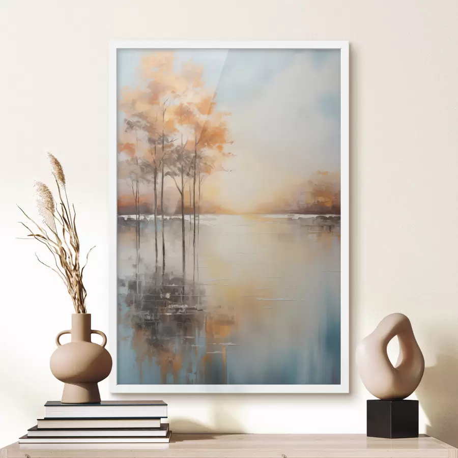 Papier peint photo Paysage, arbres aux feuilles orange, lac, le soleil en arrière-plan f49152