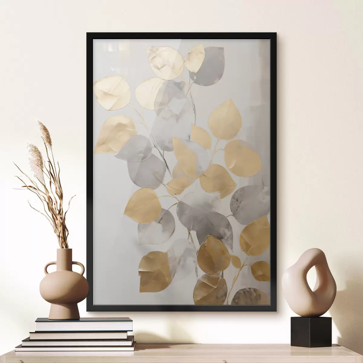 Affiche Branche abstraite aux feuilles ovales dans des tons de gris et de jaune, œuvre d'art texturée f49156