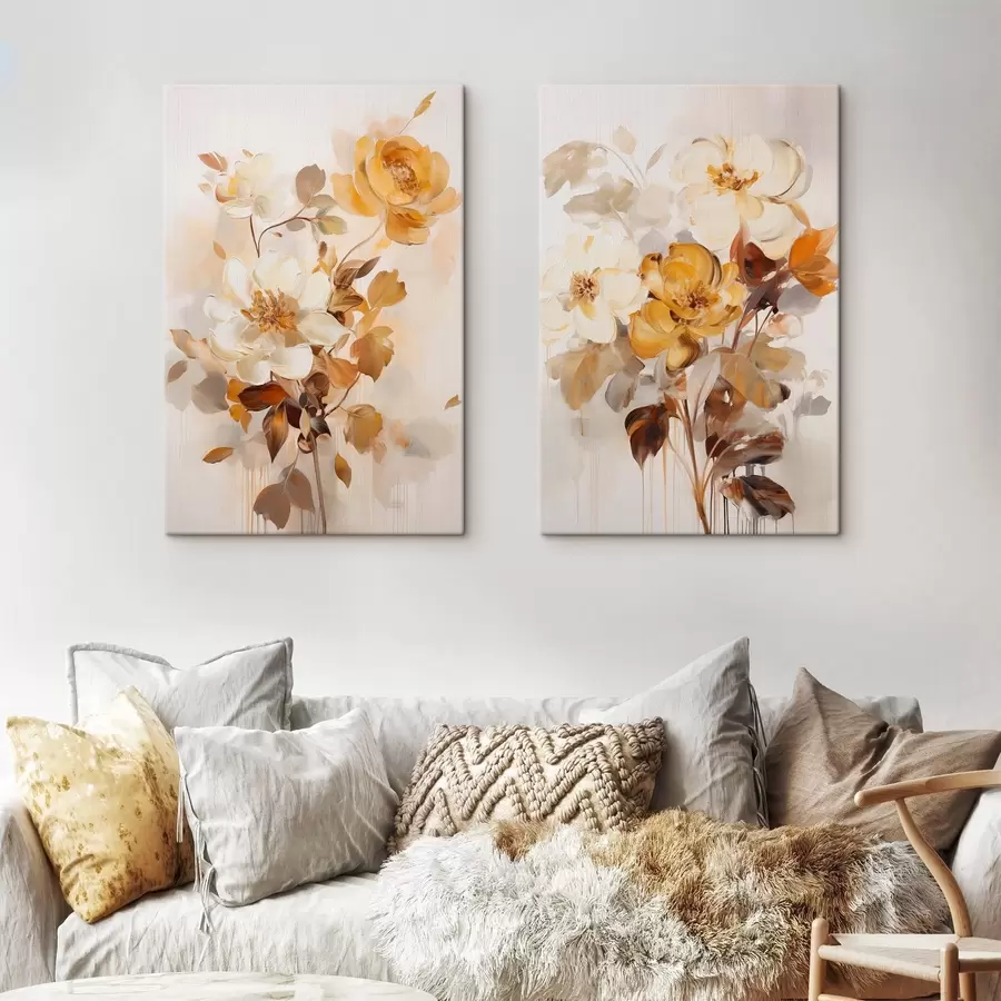  Schilderijen Abstracte bloemen met bruine bladeren, in een schilderachtige stijl met penseelstreken m30469