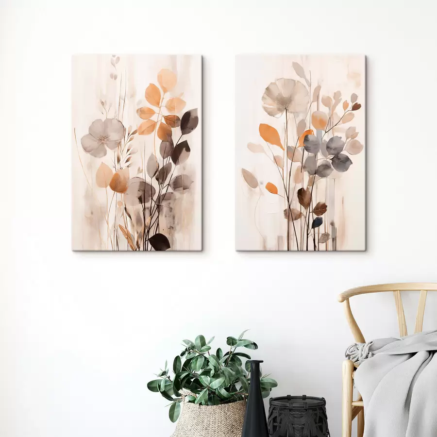 Schilderijen Bloemstuk in gedempte oranje- en grijstinten, abstracte kunst m30470