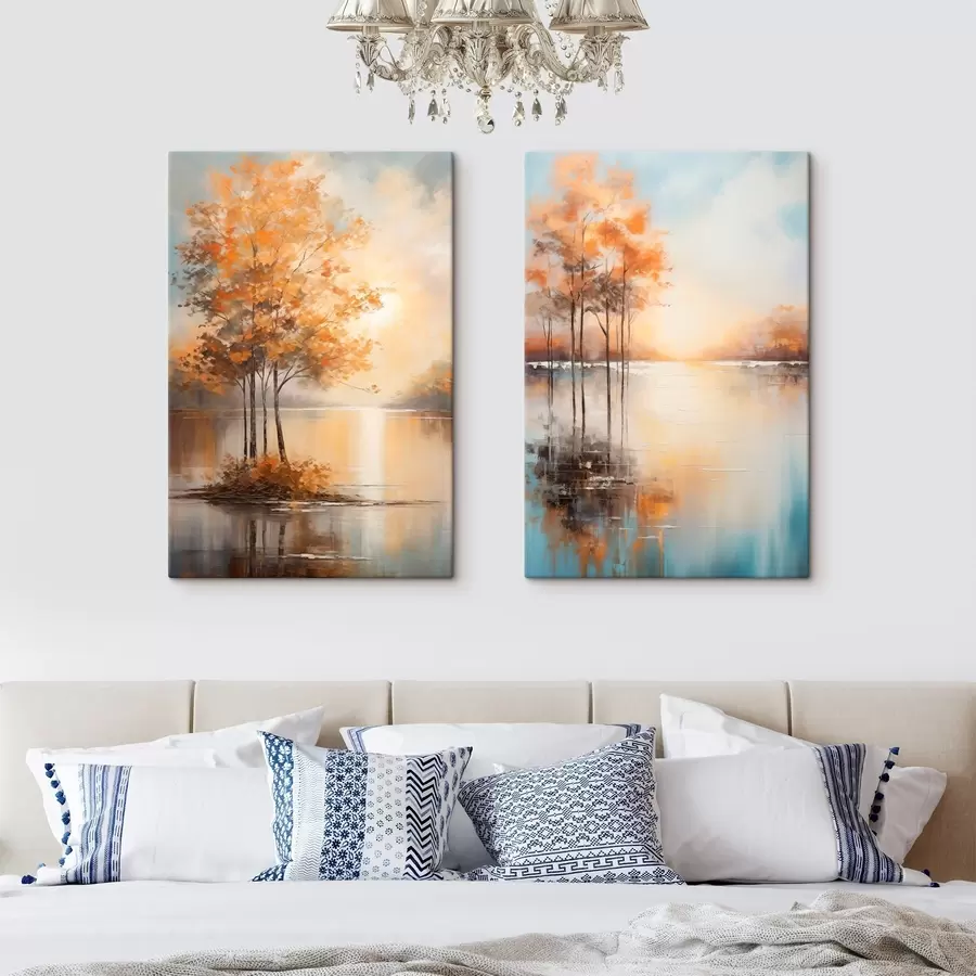  Schilderijen Landschap, bomen met oranje bladeren, meer, de zon op de achtergrond m30472