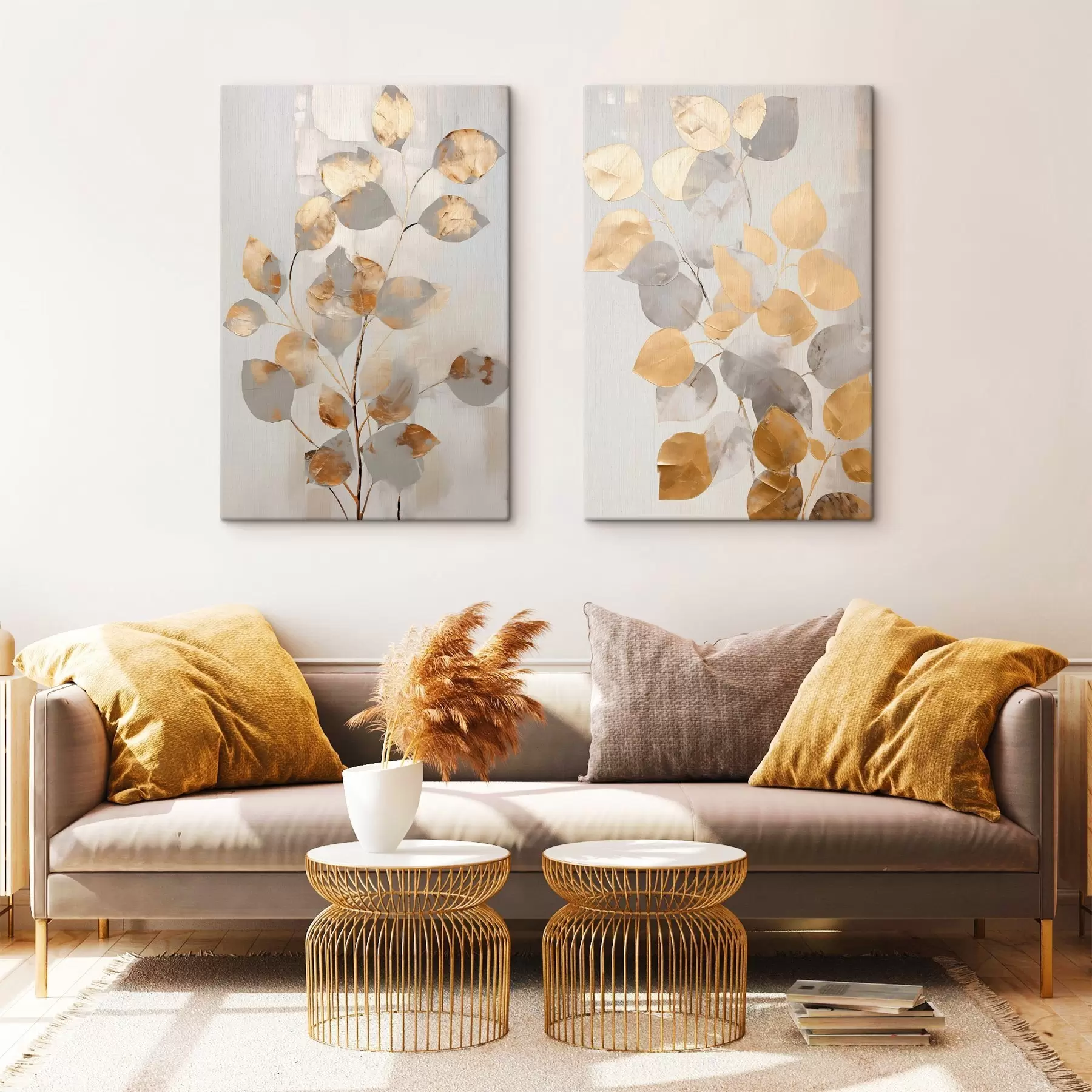  Schilderijen Abstracte tak met ovale bladeren in grijstinten en geel, kunstwerk met textuur m30474