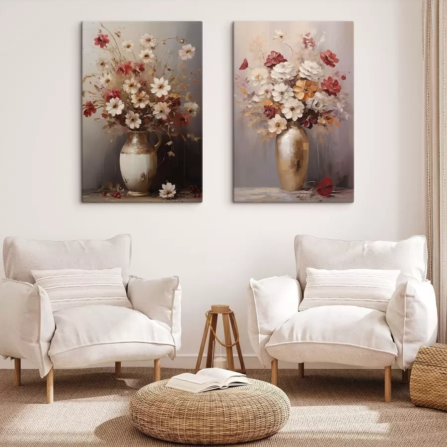  Peintures Un bouquet de fleurs blanches et rouges rehaussées de touches marron dans un vase, dans un style pictural m30477