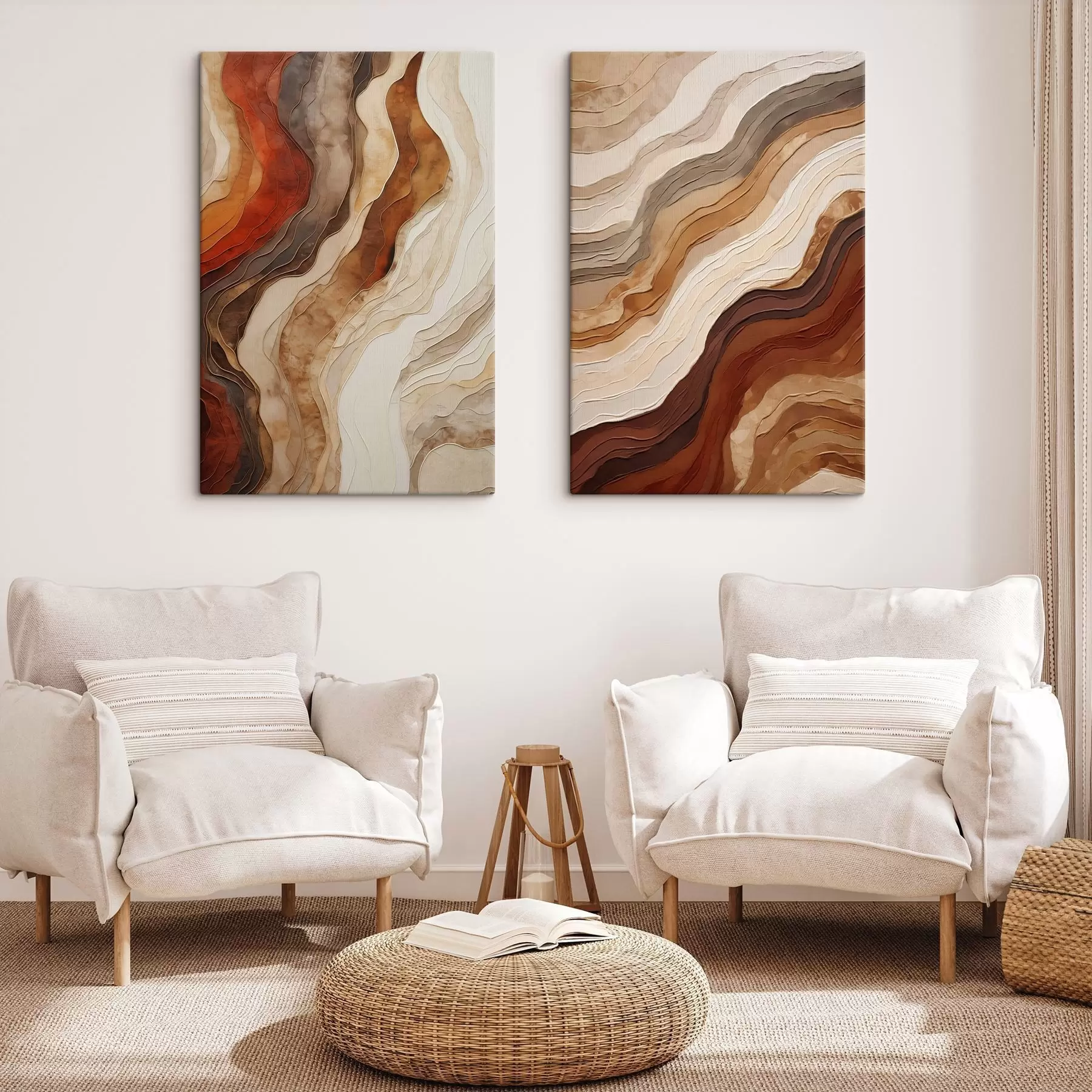  Peintures Textures abstraites ondulées dans des tons ocres, notamment la terre cuite, le beige et le marron m30479