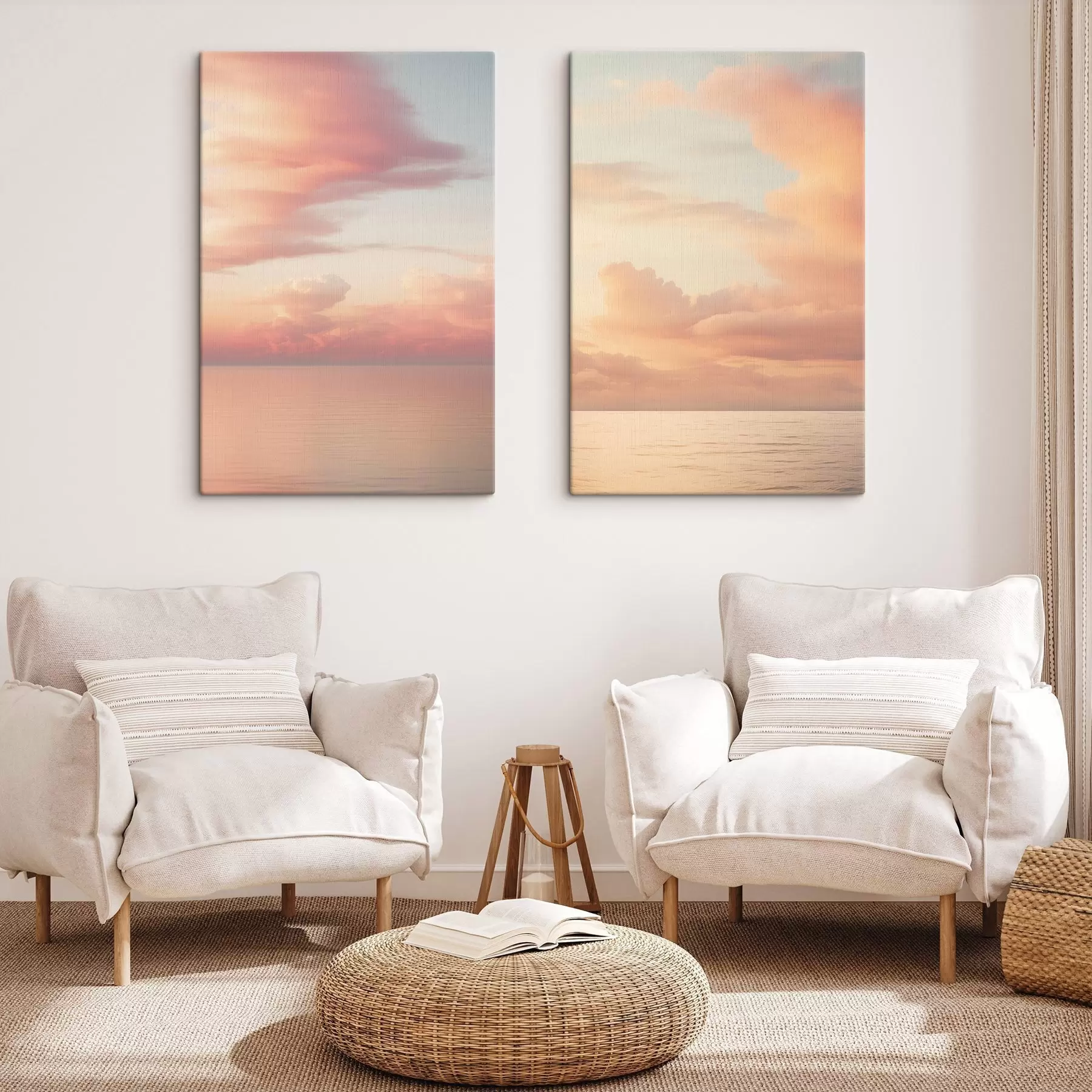  Peintures Un ciel aux teintes pastel, parsemé de nuages cotonneux, au-dessus d'un océan calme et miroitant au coucher du soleil m30485