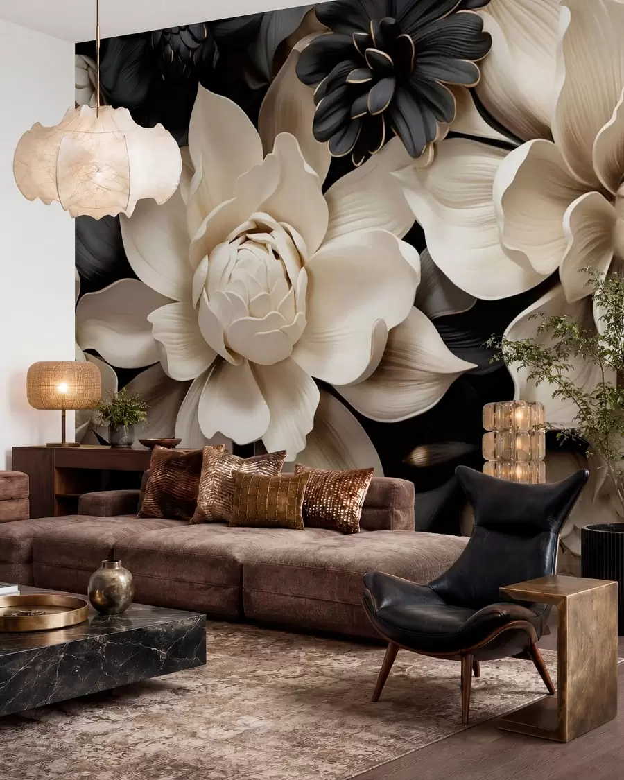 Fotobehang Bloemen in ivoor en inkt w05618