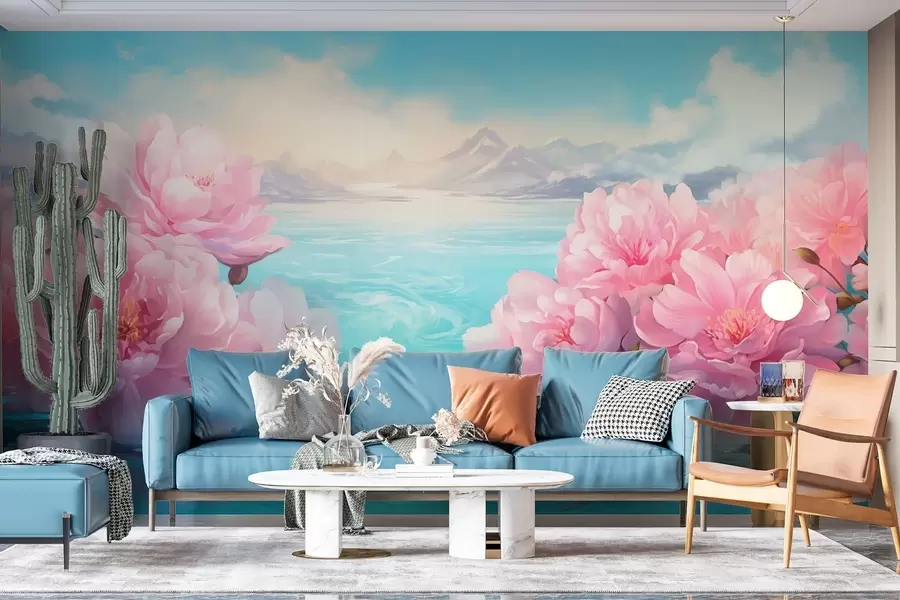 Fotobehang Een meer met bloemen w05621