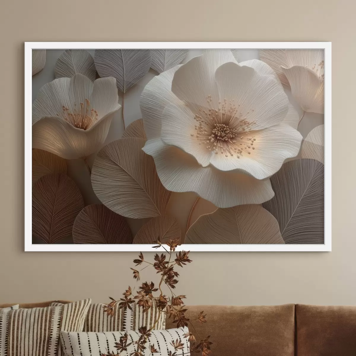 Affiche Des fleurs et des feuilles superposées dans des tons chauds f49218