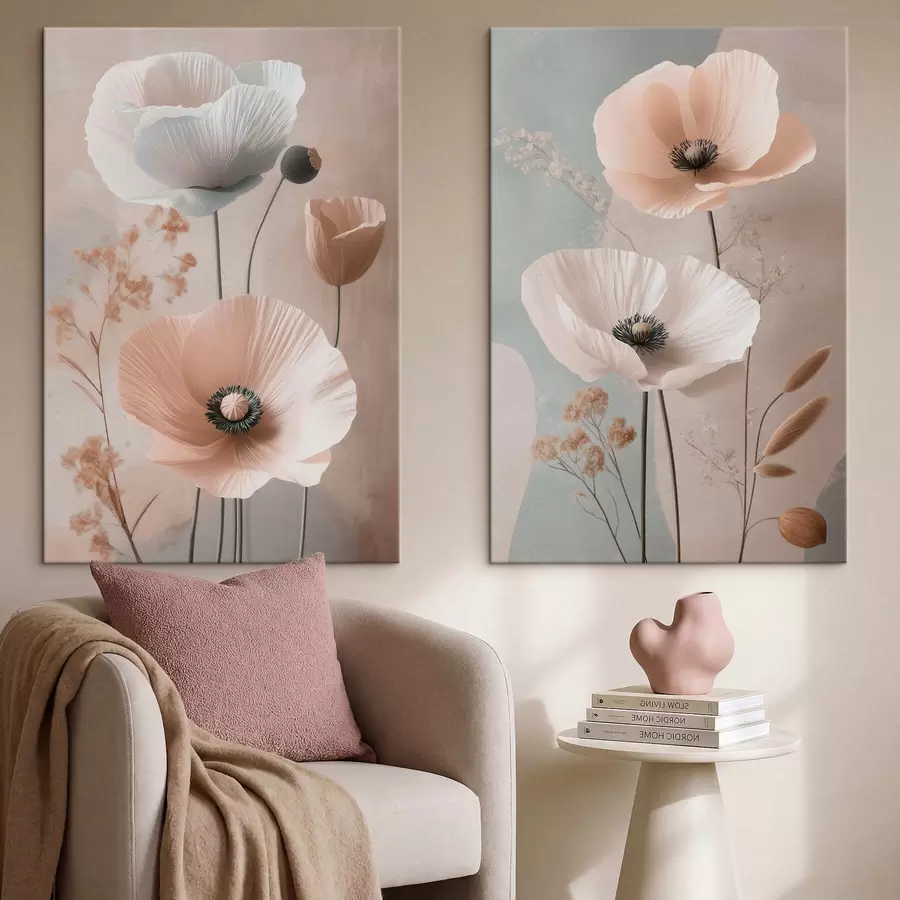  Peintures Diptyque représentant des fleurs délicates aux tons pastel m30486