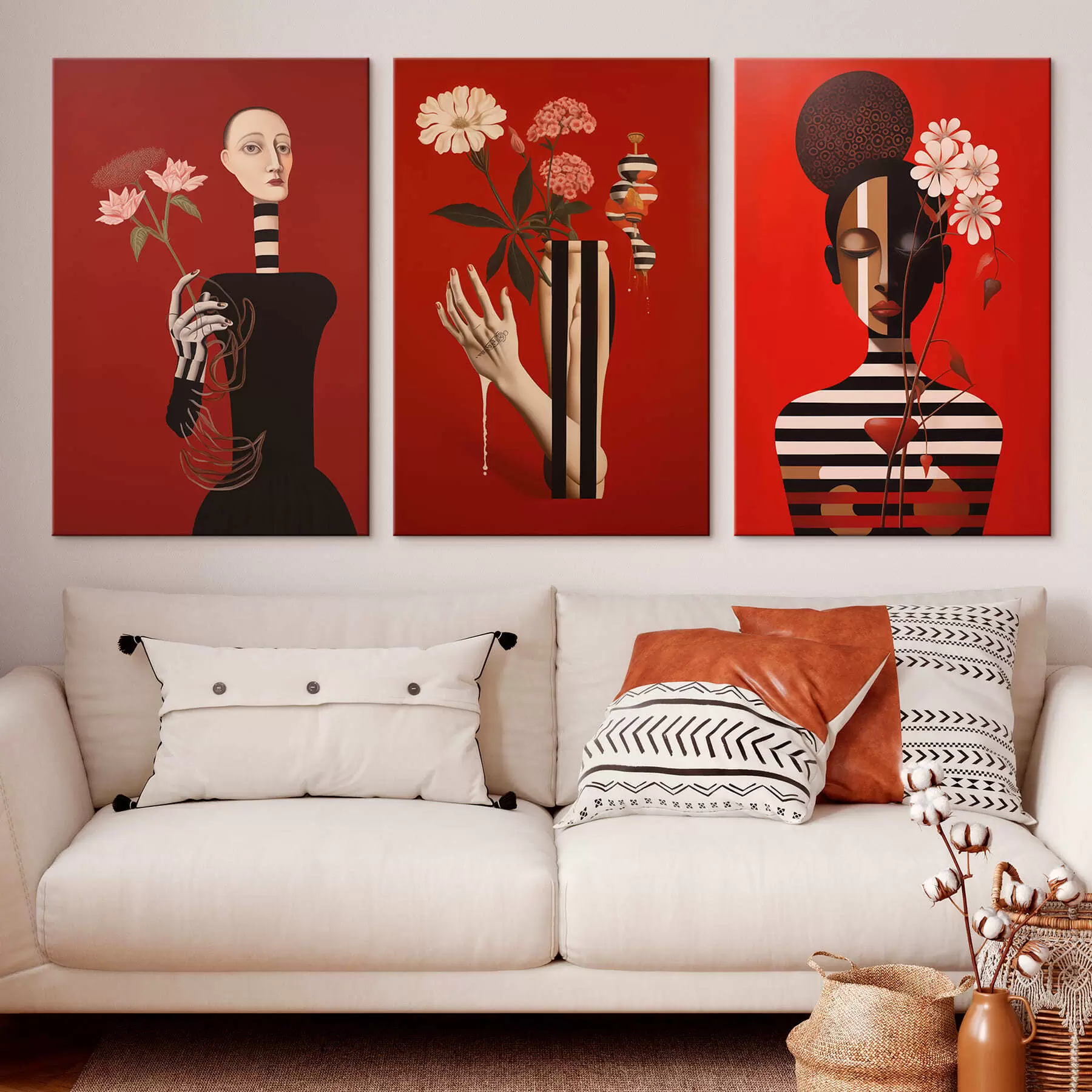  Peintures Portraits féminins stylisés sur fond rouge m30488