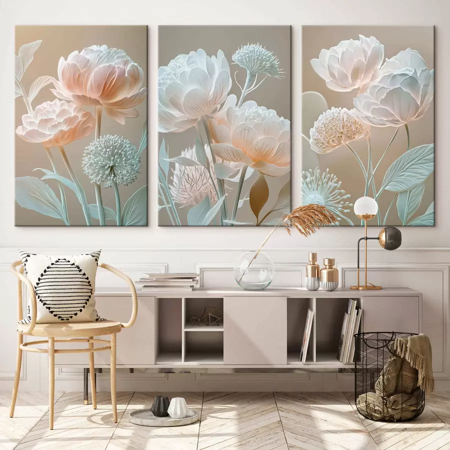  Peintures Triptyque aux fleurs délicates et pâles m30489