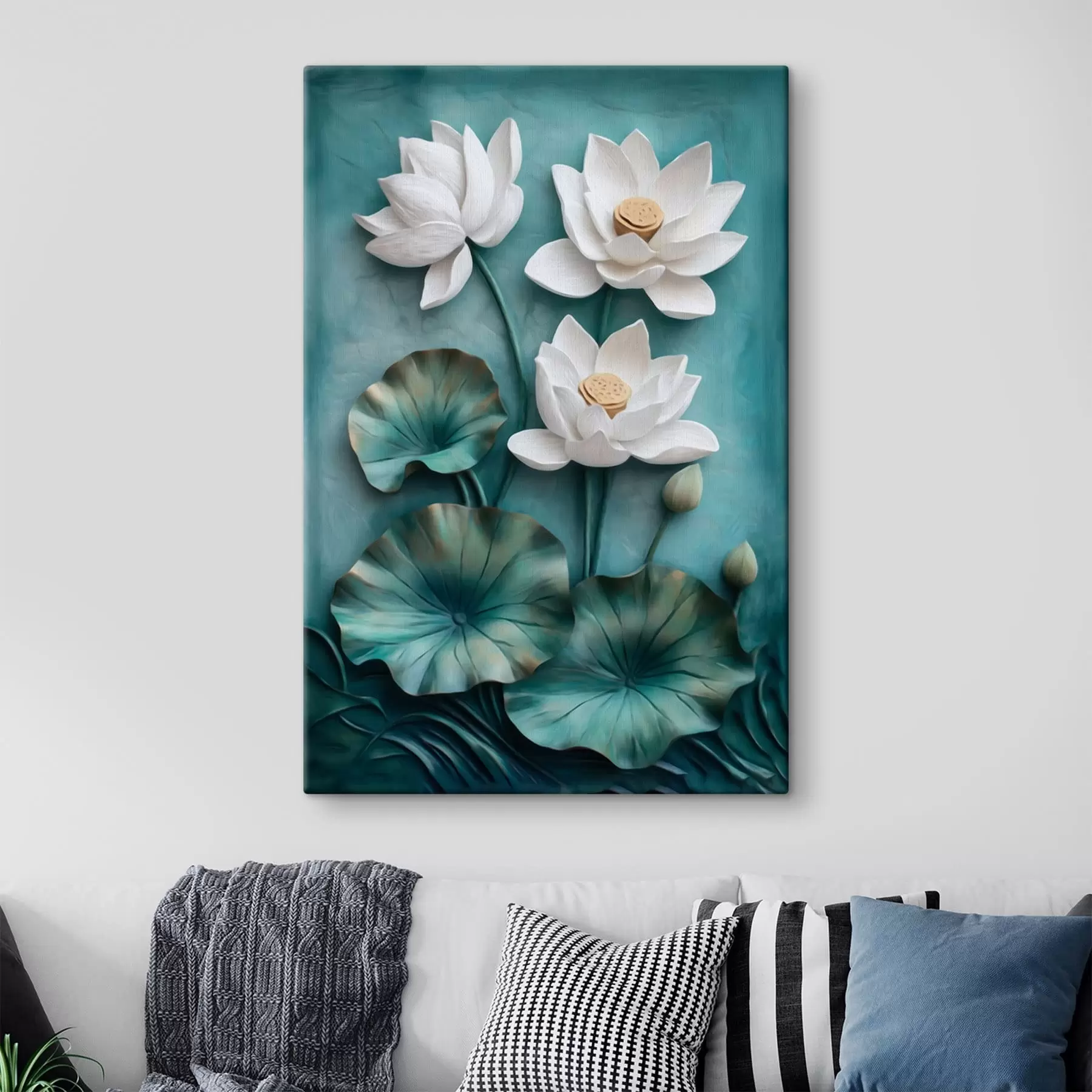  Schilderijen Witte lotusbloemen en bladeren op een turquoise achtergrond s49204