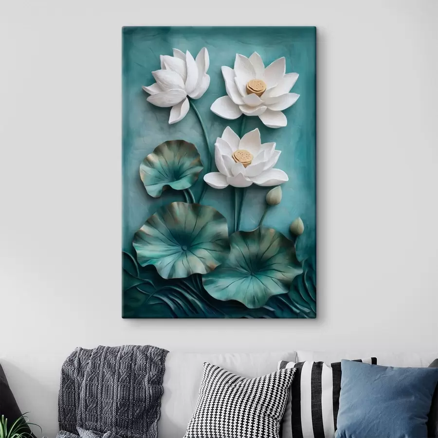  Peintures Des lotus blancs et des feuilles sur fond turquoise s49204