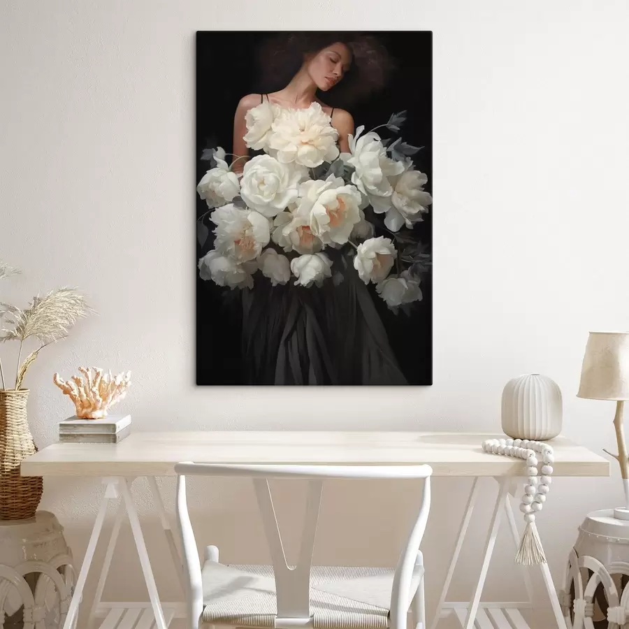 Fotobehang Vrouw met een groot boeket bleke bloemen s49220
