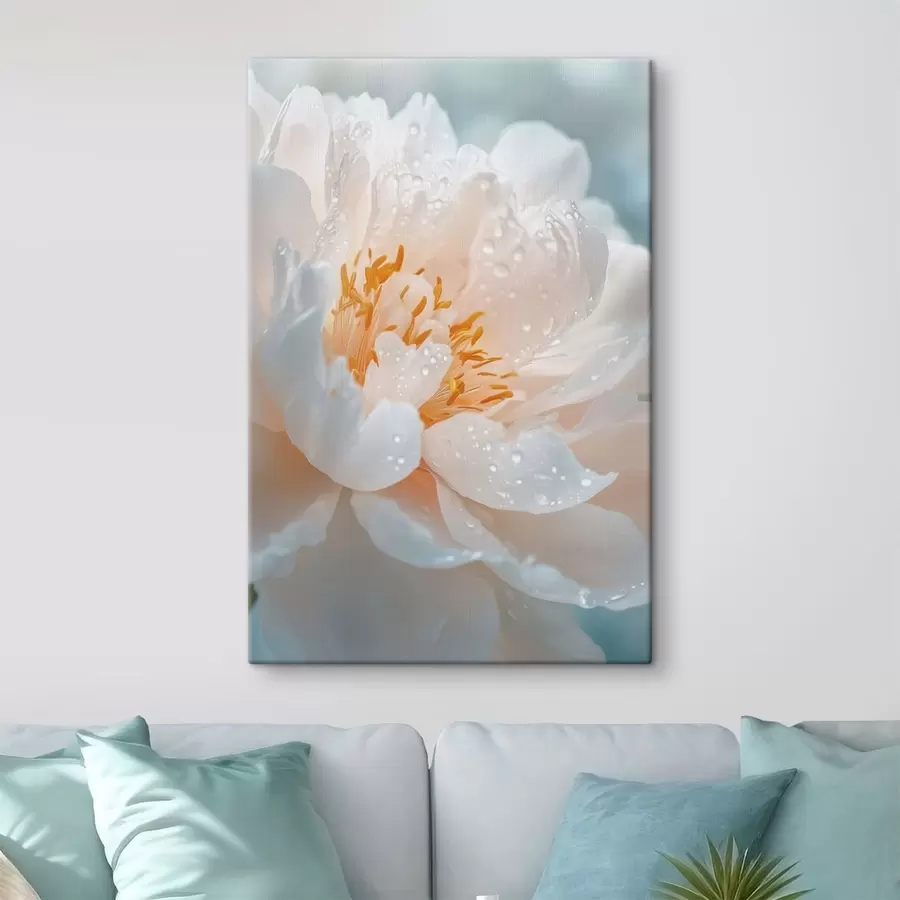 Fotobehang Macrofoto van een bloem met dauwdruppels en een zachte gloed s49223