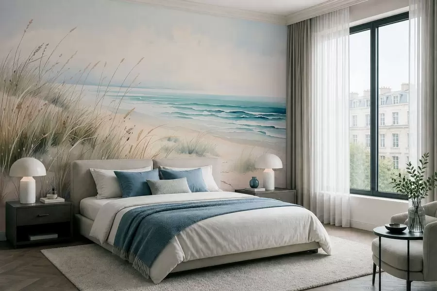 Papier peint photo Une plage de sable avec des vagues et des dunes w05537