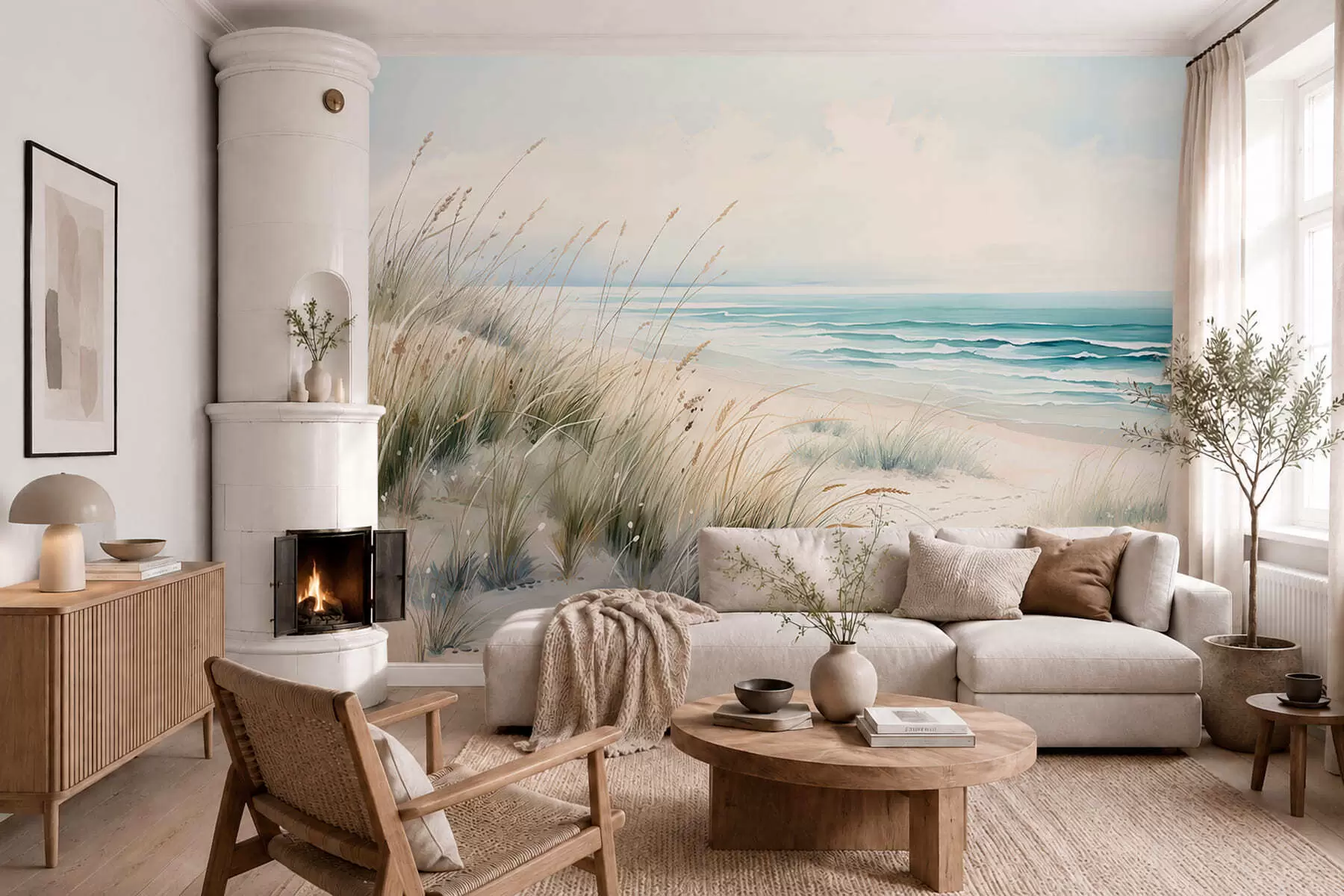 Fotobehang Zandstrand met golven en duinen w05537