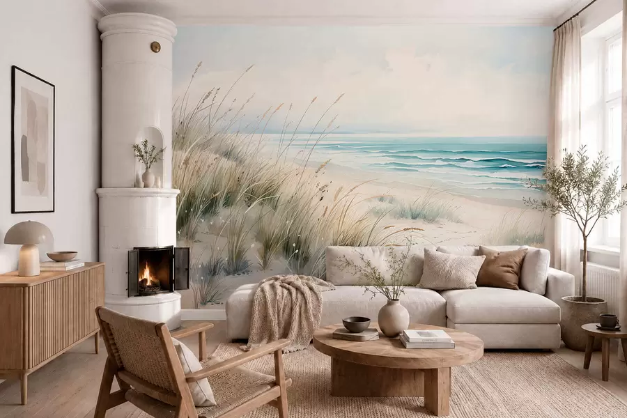 Fotobehang Zandstrand met golven en duinen w05537