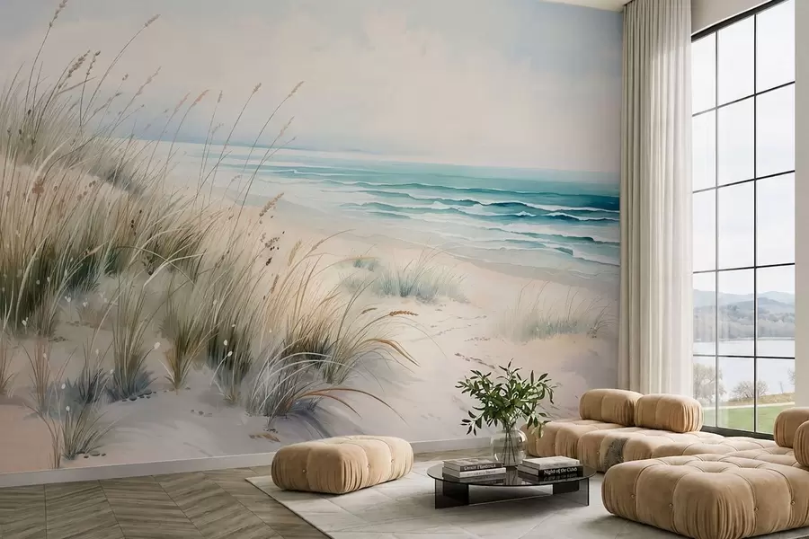 Fotobehang Zandstrand met golven en duinen w05537