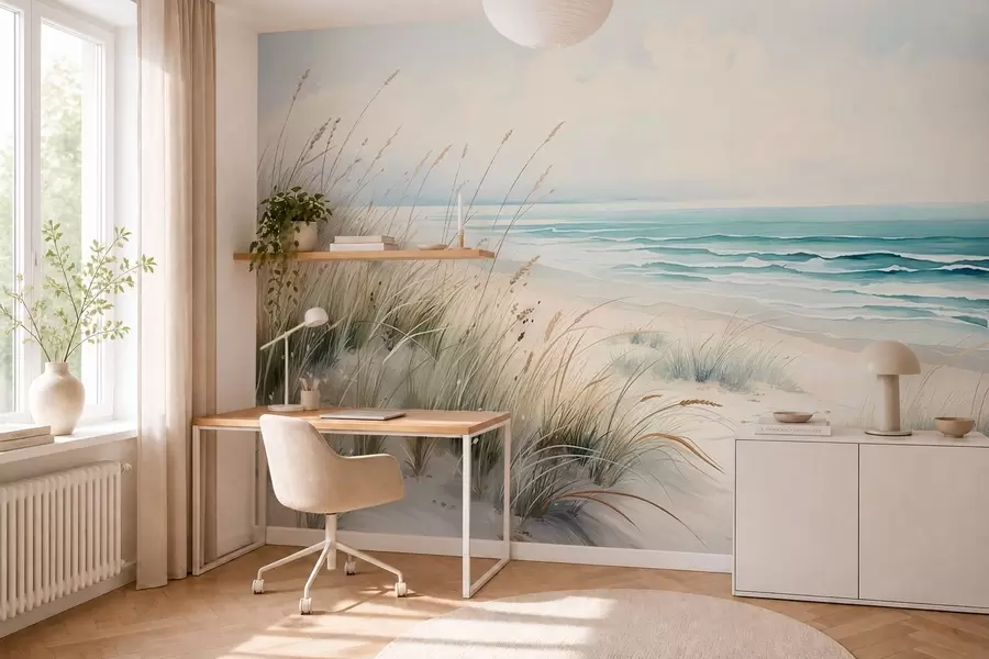 Fotobehang Zandstrand met golven en duinen w05537