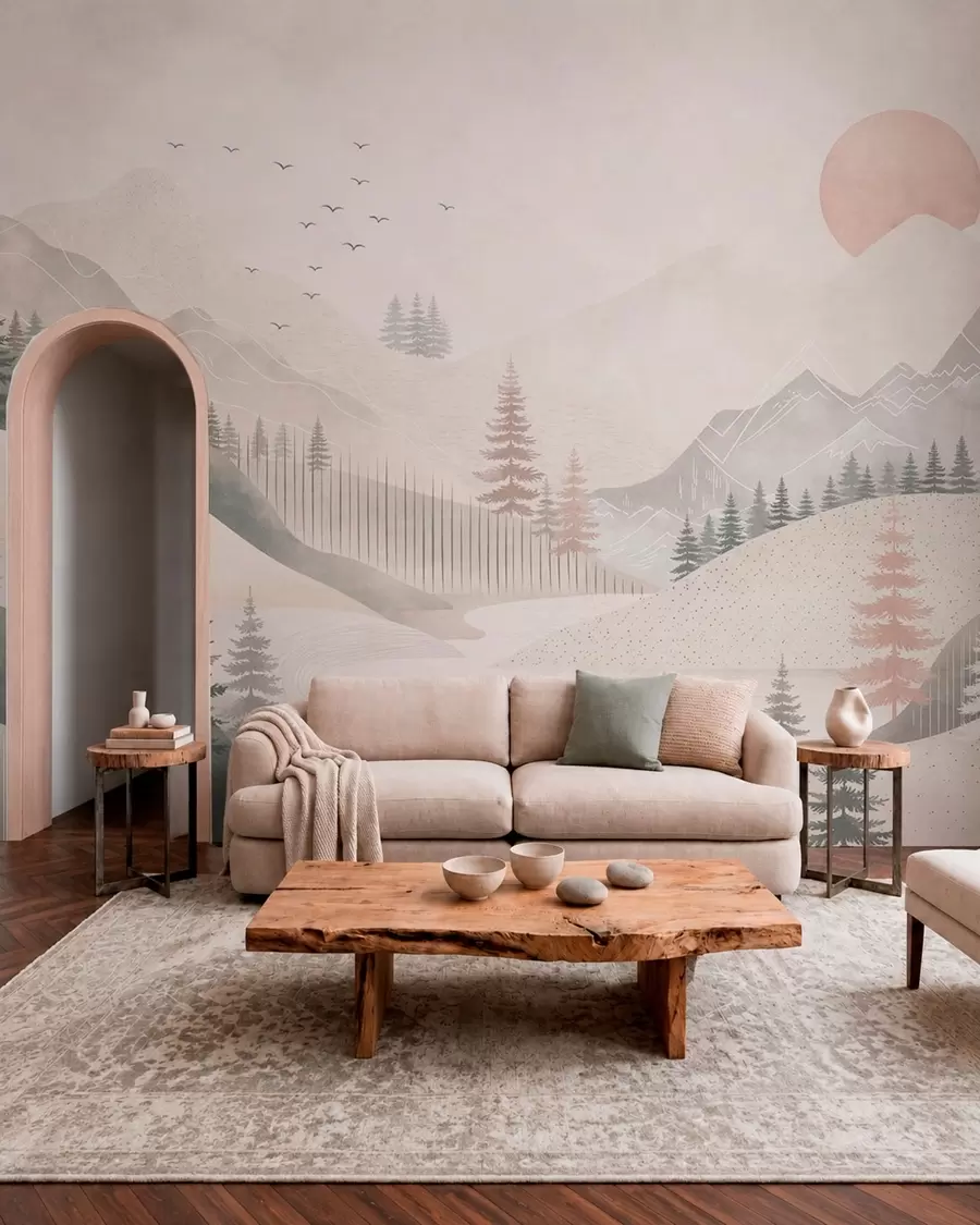 Fotobehang Een minimalistisch berglandschap met dennenbomen w05626