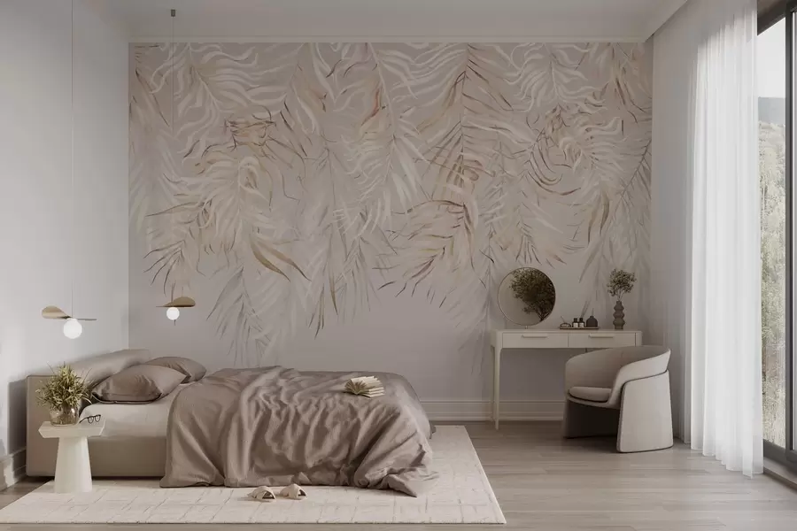 Fotobehang Lichte tropische bladeren op een beige achtergrond w05627v2