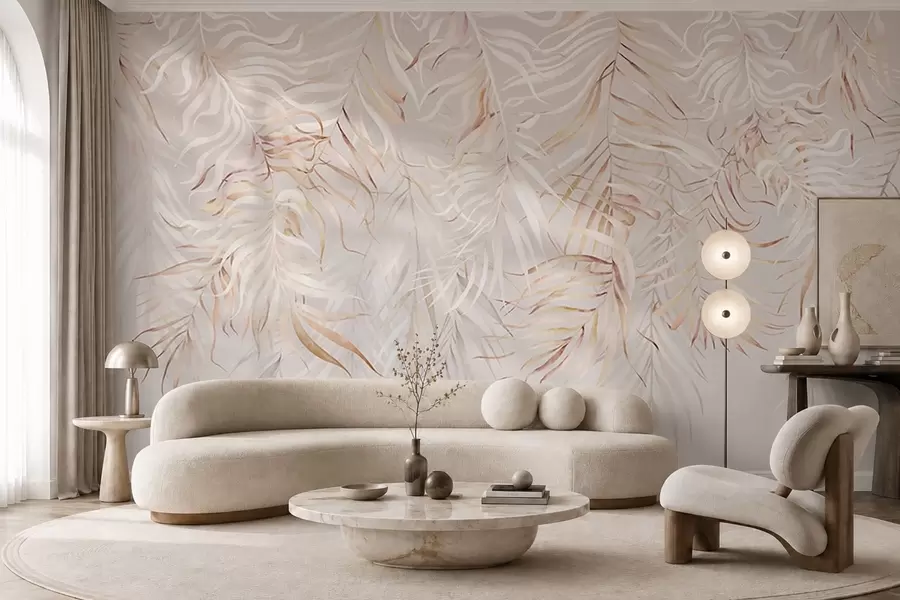 Fotobehang Lichte tropische bladeren op een beige achtergrond w05627v2