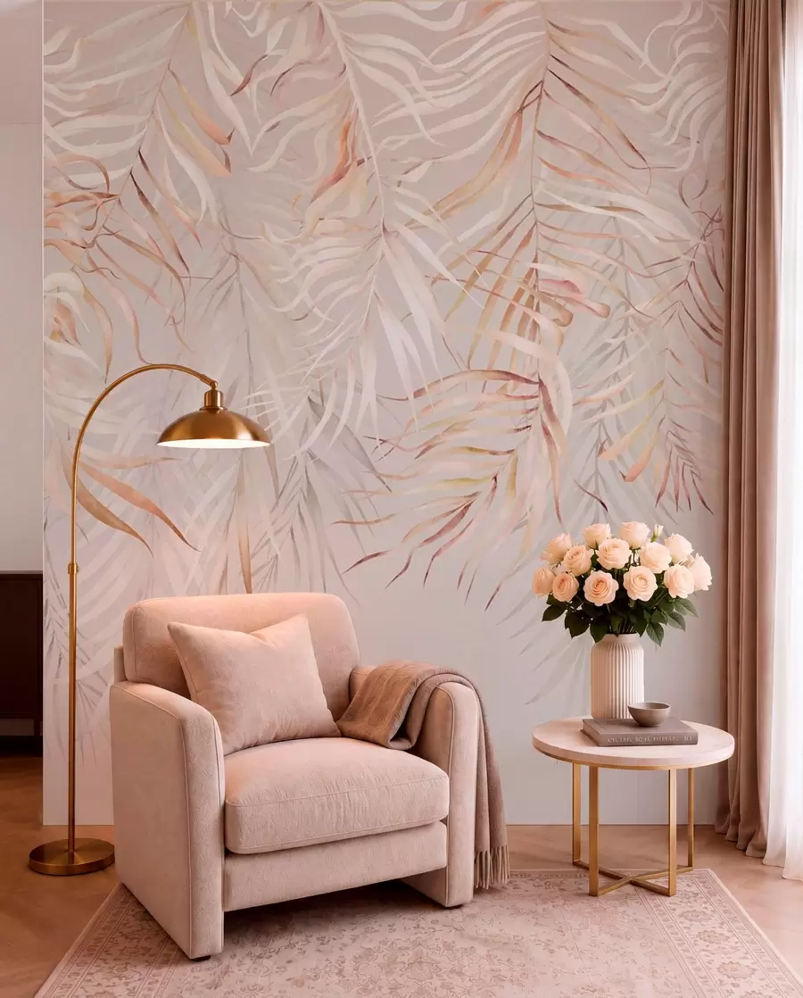 Fotobehang Lichte tropische bladeren op een beige achtergrond w05627v2