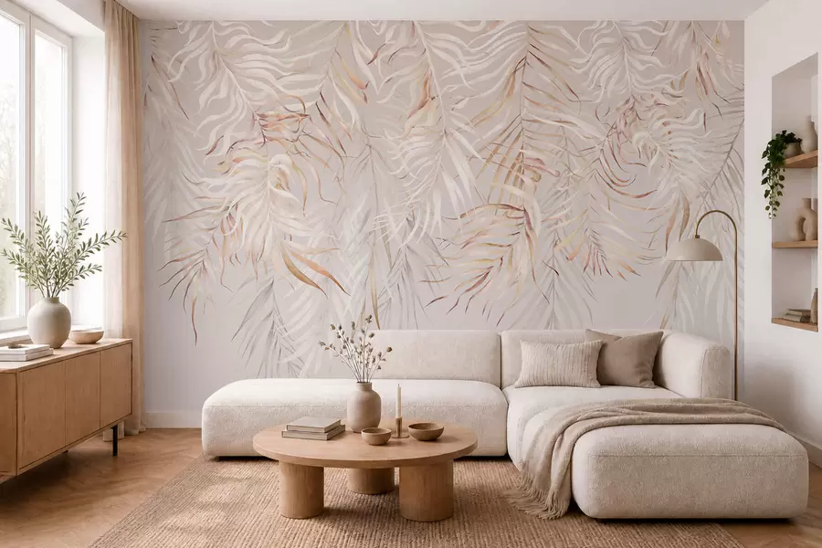 Fotobehang Lichte tropische bladeren op een beige achtergrond w05627v2