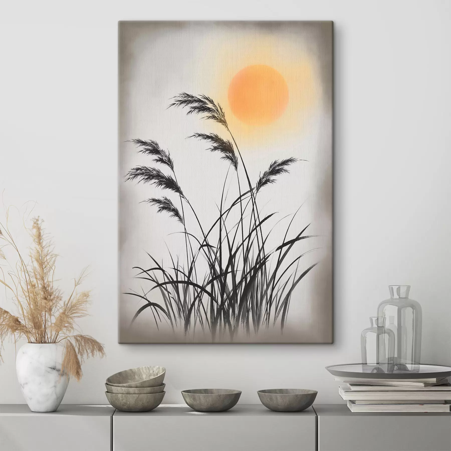  Peintures Des roseaux stylisés sur fond de soleil s49130