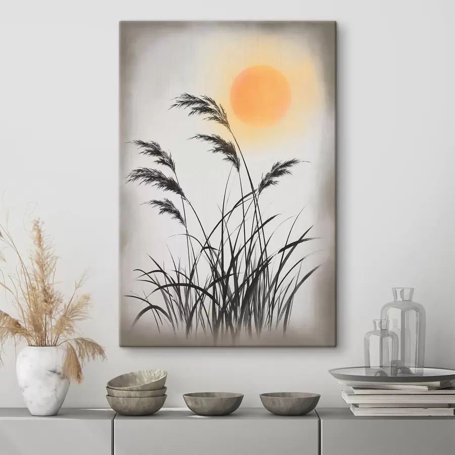 Fotobehang Abstracte rietstengels tegen de achtergrond van de zon s49130