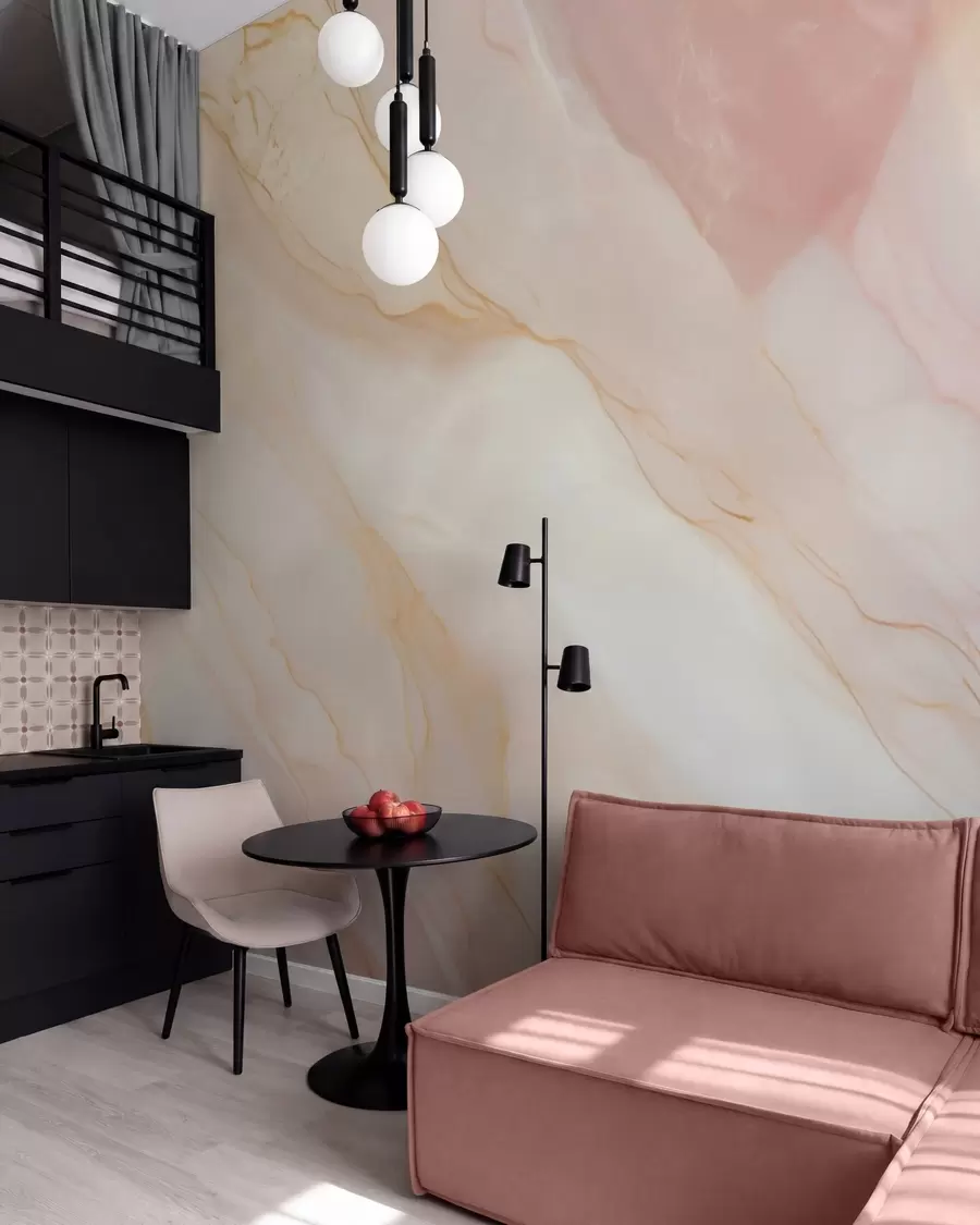 Fotobehang Imitatie van een abstract marmerstructuurpatroon in roze en gele tinten w05632
